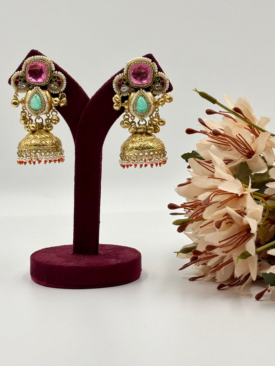 Gulnaar Jhumka in Antique Gold, Rose Pink, Mint Green & Pearl White