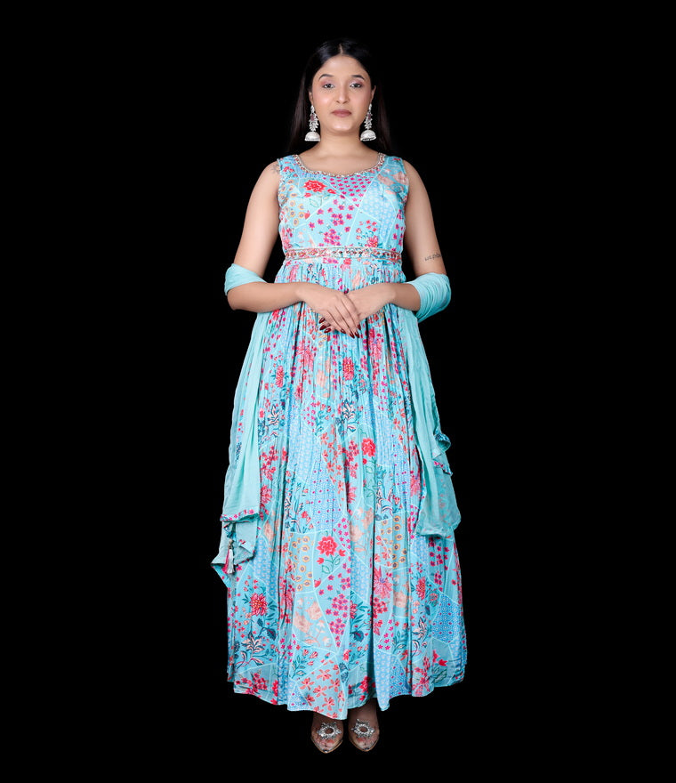 Noorza Crepe Silk Gown in Firozi