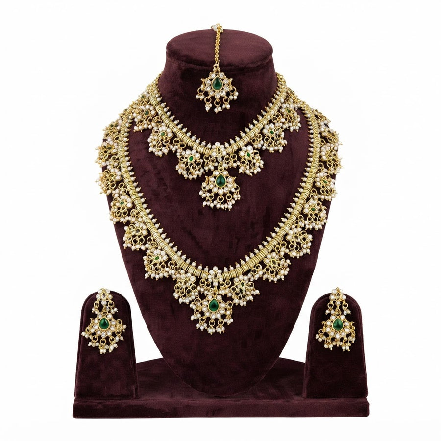 Emerald Pearl Layered Bridal Necklace Set in Antique Gold, Emerald Green, Pearl White