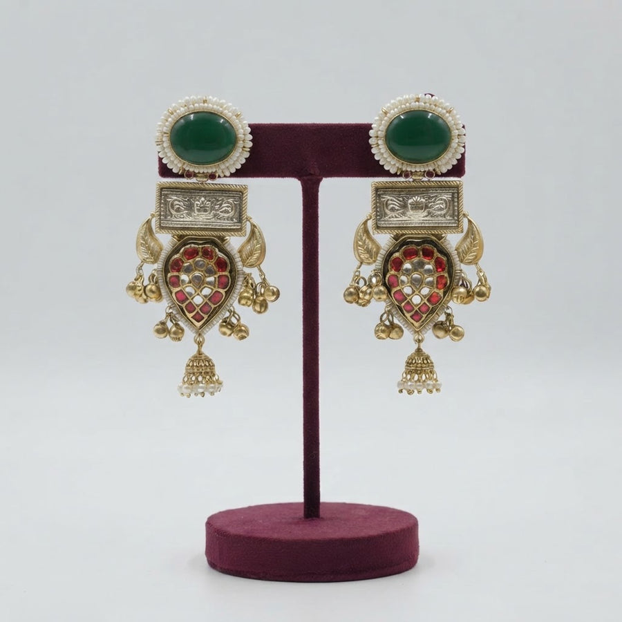 Panna Rajsi Jhumka in Emerald Green, Antique Gold, Ruby Red & Pearl White