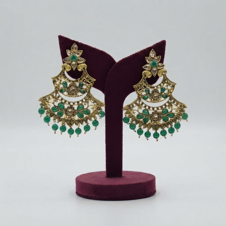 Emerald Gulnaar Chandbali in Antique Gold, Emerald Green & Crystal White