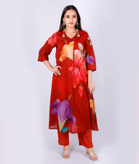 Brick Bloom Mal Cotton Co-ord Set in Brick Red