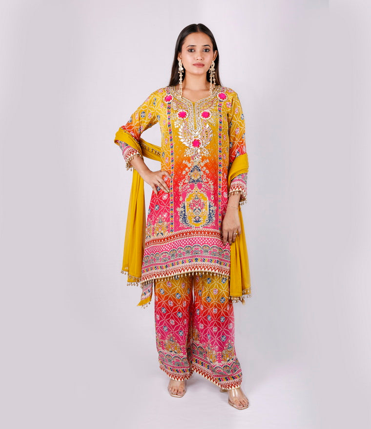 Gulnaar Sea Cut Kurti Set in Mustard & Pink