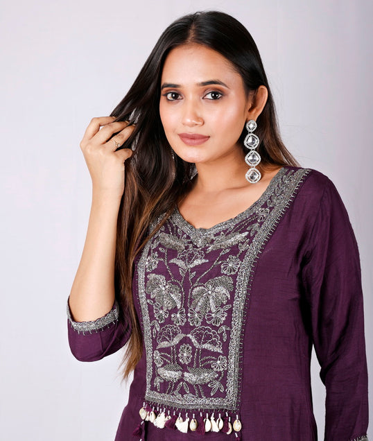 Violet Shell High-Low Kurti Set in Voilet