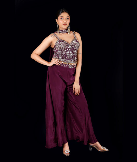 Lime Boho Corset Indo-Western Set in Wine