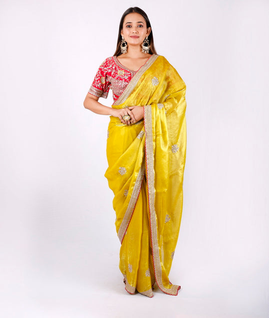 Mahamani Organza Saree Set in Lemon Musturd with Red Blaouse