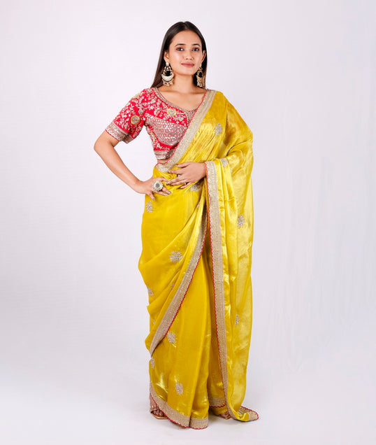 Mahamani Organza Saree Set in Lemon Musturd with Red Blaouse