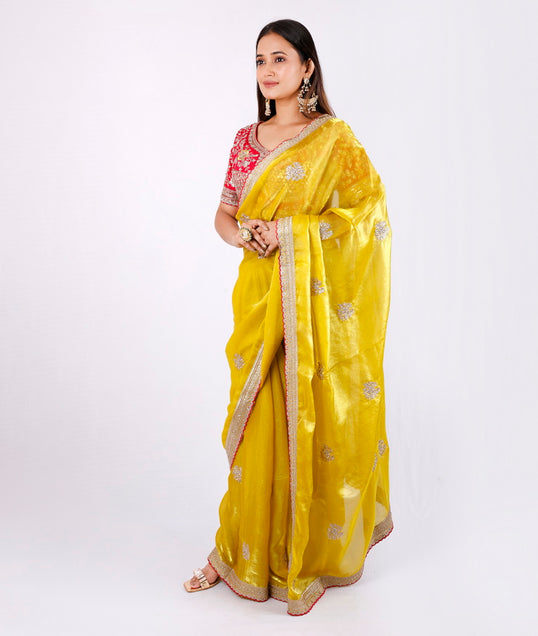 Mahamani Organza Saree Set in Lemon Musturd with Red Blaouse