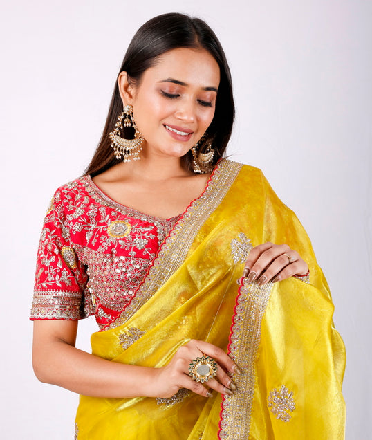 Mahamani Organza Saree Set in Lemon Musturd with Red Blaouse