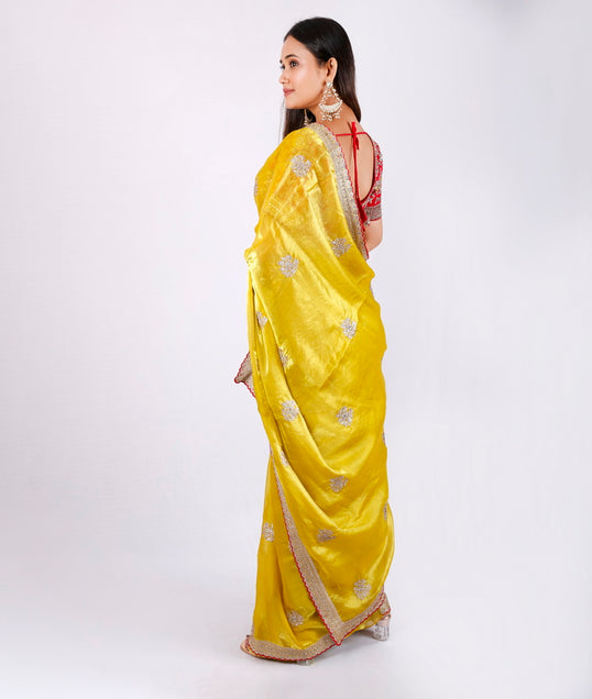 Mahamani Organza Saree Set in Lemon Musturd with Red Blaouse